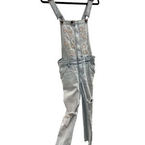 HOLLISTER Embroidered Floral Skinny Distress Denim Overalls All in One Boho Sz S